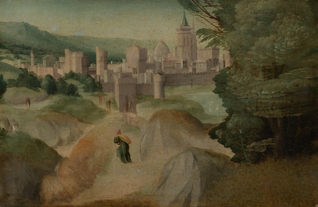 description by National Gallery of Art: A person walks across a rocky path with a fortified, wall-enclosed town in the distance in this horizontal painting. The person wears a dark green robe and pink hood or cap, carries a yellow sack slung over one shoulder, and uses a walking stick. Boulders surge to either side of the path, and leafy green trees grow up the right side of the composition. Several swans float on a lake just beyond the trees. Painted in shades of gray, a person rides a camel just beyond a boulder to the left. Other forms painted with thin strokes of red or black could be people walking through the landscape in the distance. A city gate, the walls, and some of the buildings have crenelations. Trees nestle between hills that roll back to hazy, sage-green mountains along the horizon, which almost reaches the top edge of the painting. The sky above is muted blue.
